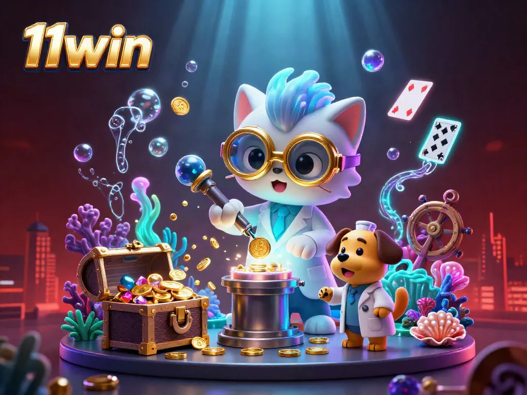 Experience the exciting world of 11win with this vibrant 3D casino illustration featuring golden treasure and playful characters.