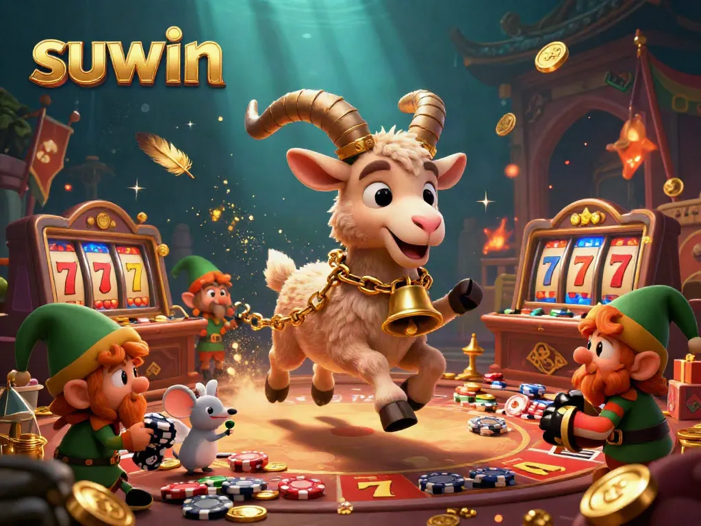 Experience the thrilling suwin atmosphere in this vibrant gambling scene with cartoon characters and dynamic game elements.