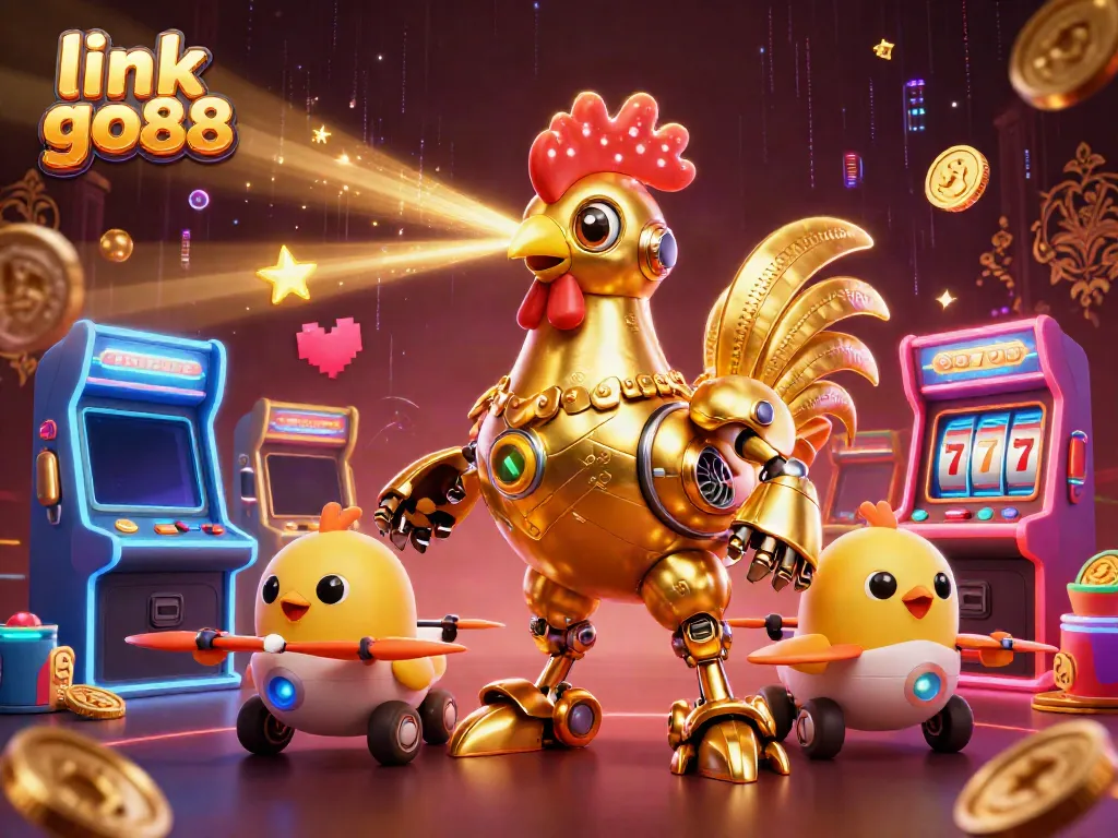 Engage with exciting games at link go88 featuring a golden rooster robot in a vibrant casino setting.