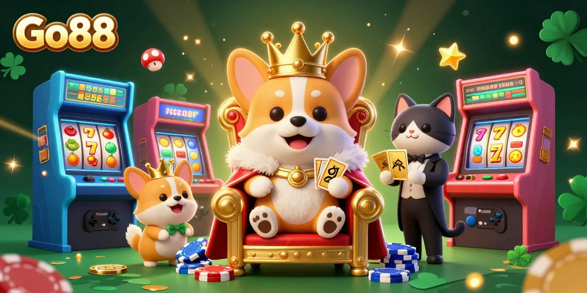 Join the fun at Go88, where the royal corgi reigns over lavish casino games with vibrant slot machines.