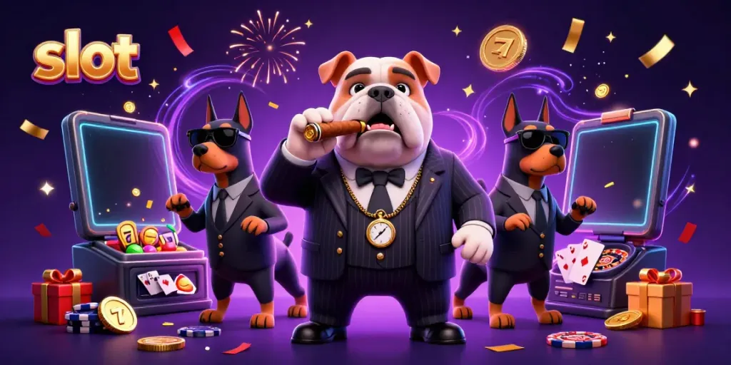 Experience thrilling slot action with a mafia boss and bodyguard Doberman in a colorful casino setting.
