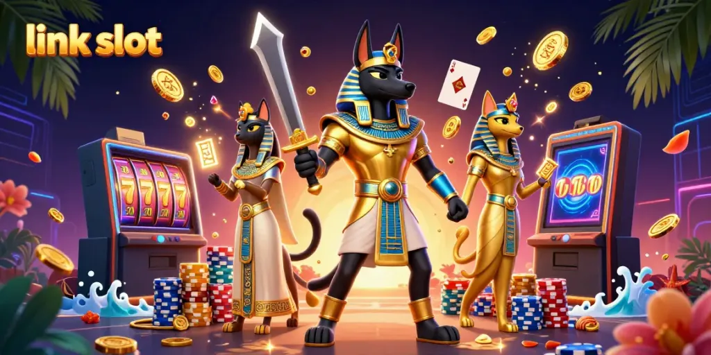 Spin the link slot for a chance to win with Anubis and Bastet in a vibrant casino setting.