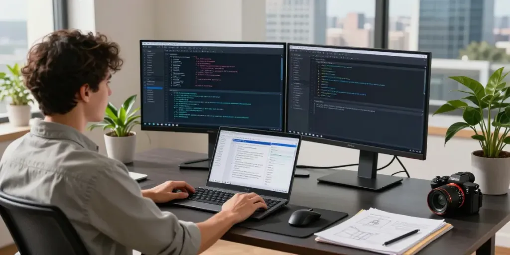 Workspace showcasing generative engine optimization development tools and coding setup