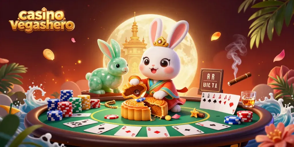Play at casino vegashero with a vibrant 3D illustration featuring a moon rabbit and poker elements.