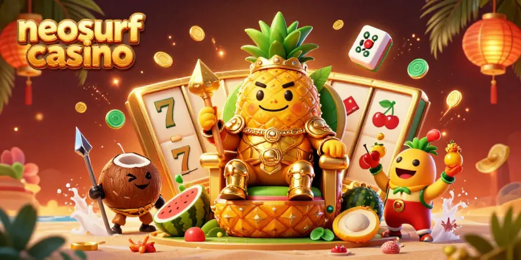 Engaging neosurf casino illustration featuring a golden pineapple king and vibrant slot elements in action.