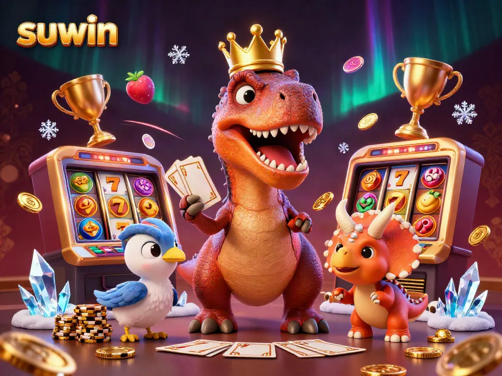 Suwin creates an exciting scene with a friendly T-Rex shuffling cards and a pterodactyl assistant at a lively casino environment.