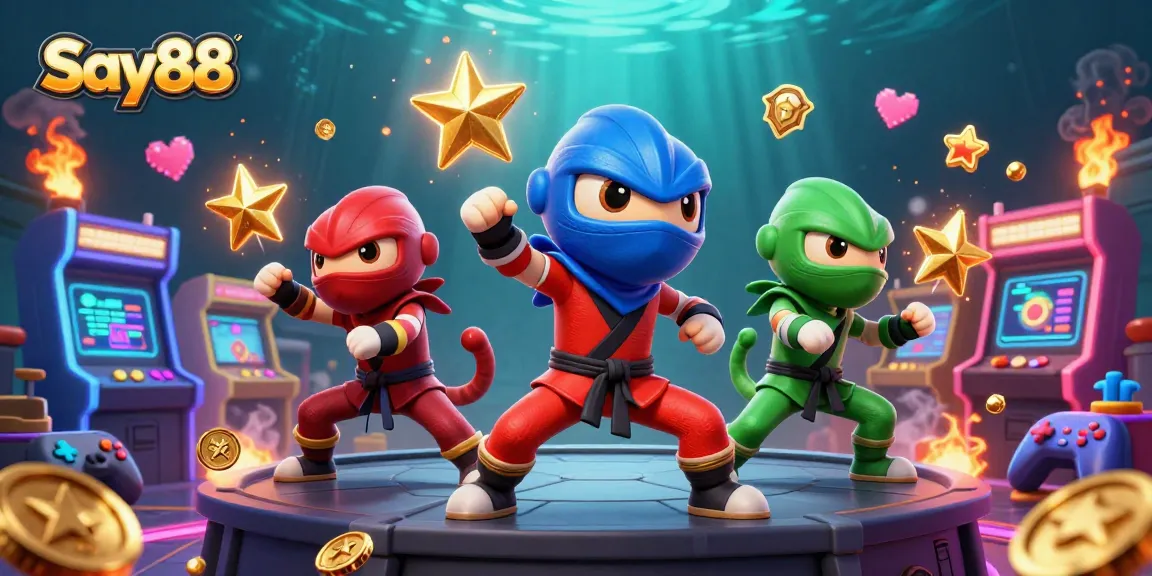 Experience thrilling gameplay at Say88 with ninja characters amidst vibrant casino elements.