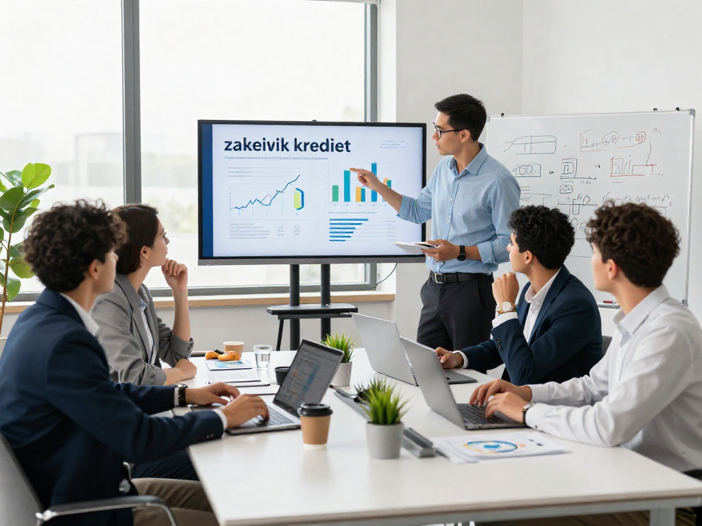 Professionals bespreken zakelijk krediet in een moderne kantooromgeving met een samenwerkingstafel.