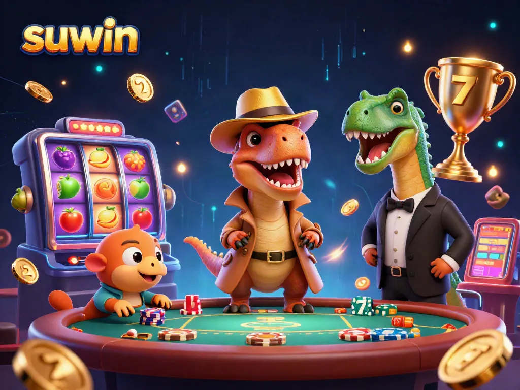 Suwin's vibrant casino scene with a velociraptor card counter and stegosaurus pit boss animatedly at a slot table.