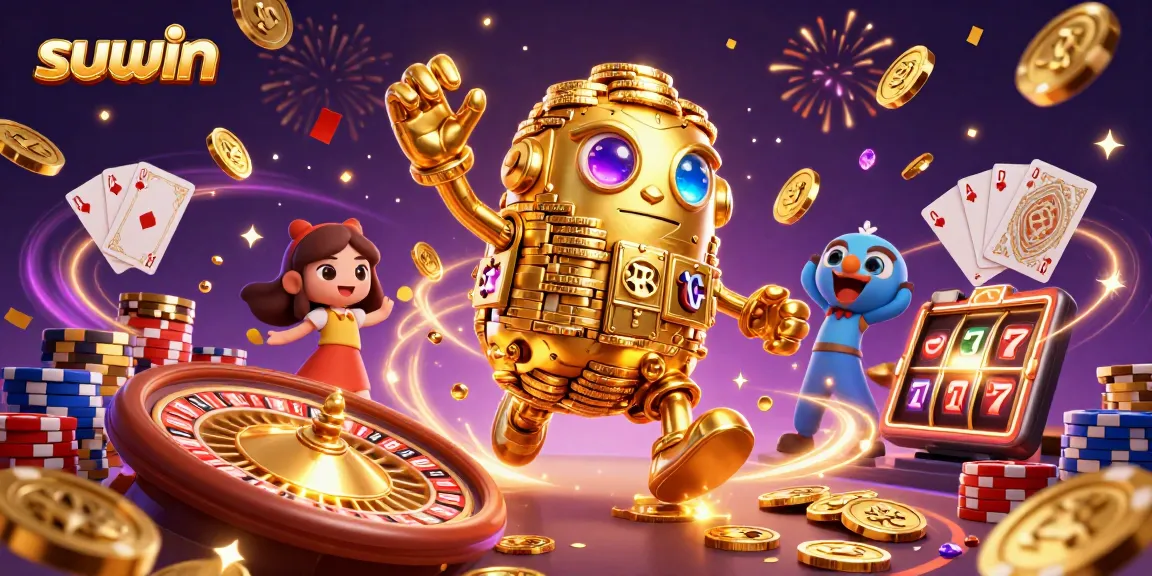 Win incredible rewards with suwin while enjoying rich casino-themed 3D art featuring gold golems and coins.