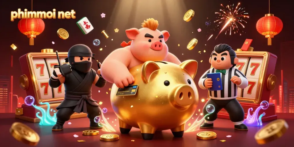 Engage with phimmoi net's vibrant gambling scene featuring a piggy bank sumo wrestler and thrilling slots.