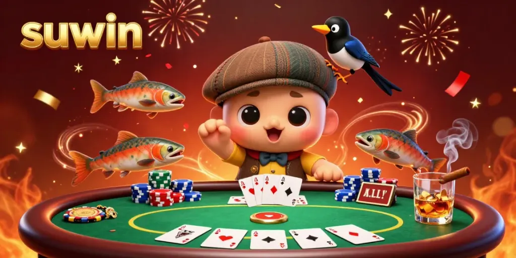 Experience casino excitement with suwin as Nessie and friends play poker amidst colorful chips and festive confetti.