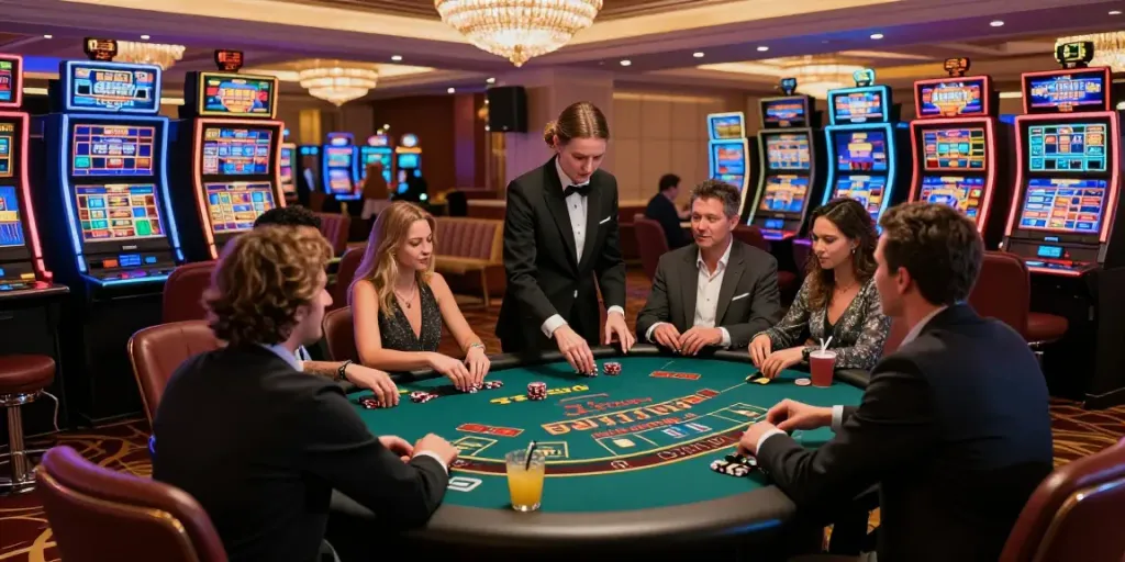 Exciting gaming atmosphere at man88 casino with players at blackjack table.