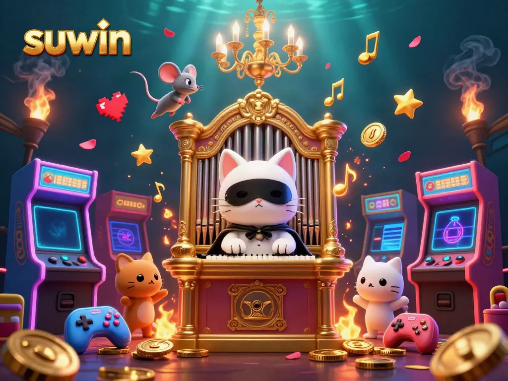 Suwin enhances your gaming with a thrilling casino atmosphere featuring a phantom cat and gaming elements.