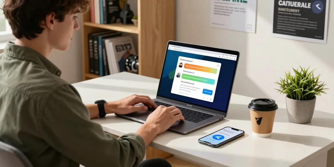 Download Telegram on a laptop in a bright workspace with coffee and plants