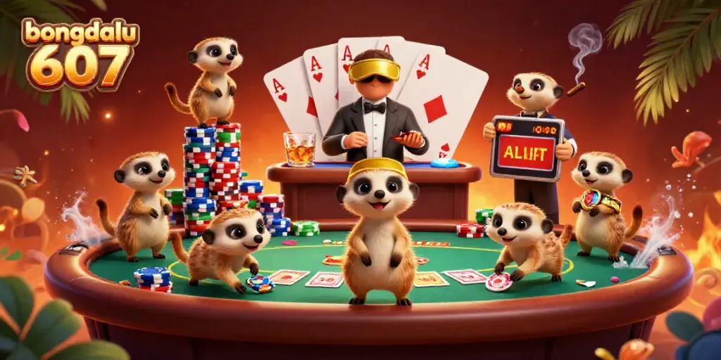Engage with bongdalu 607 through a vibrant scene of meerkats managing a dynamic casino.
