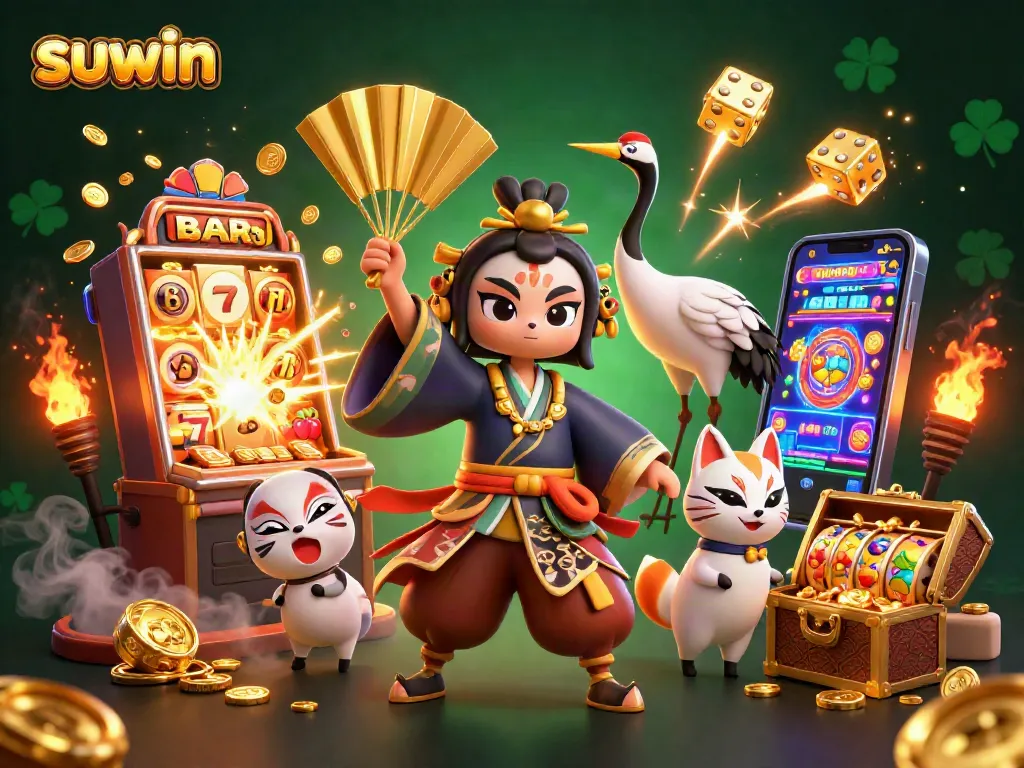 Suwin slot machine game scene featuring joyful kabuki warrior with gold coins and jackpot effects.