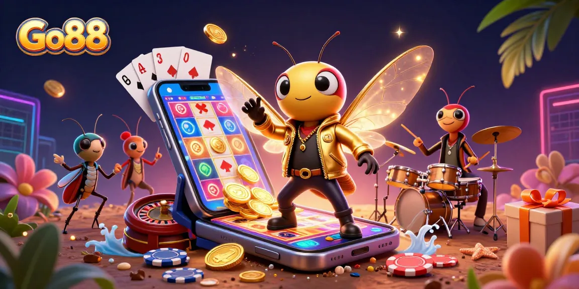 Explore Go88's vibrant gaming world as cicada rock star and friends rock the stage.
