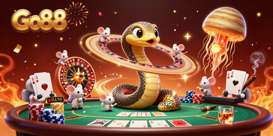 Experience thrilling bets at Go88 with a vibrant scene featuring 3D casino elements and animated characters.