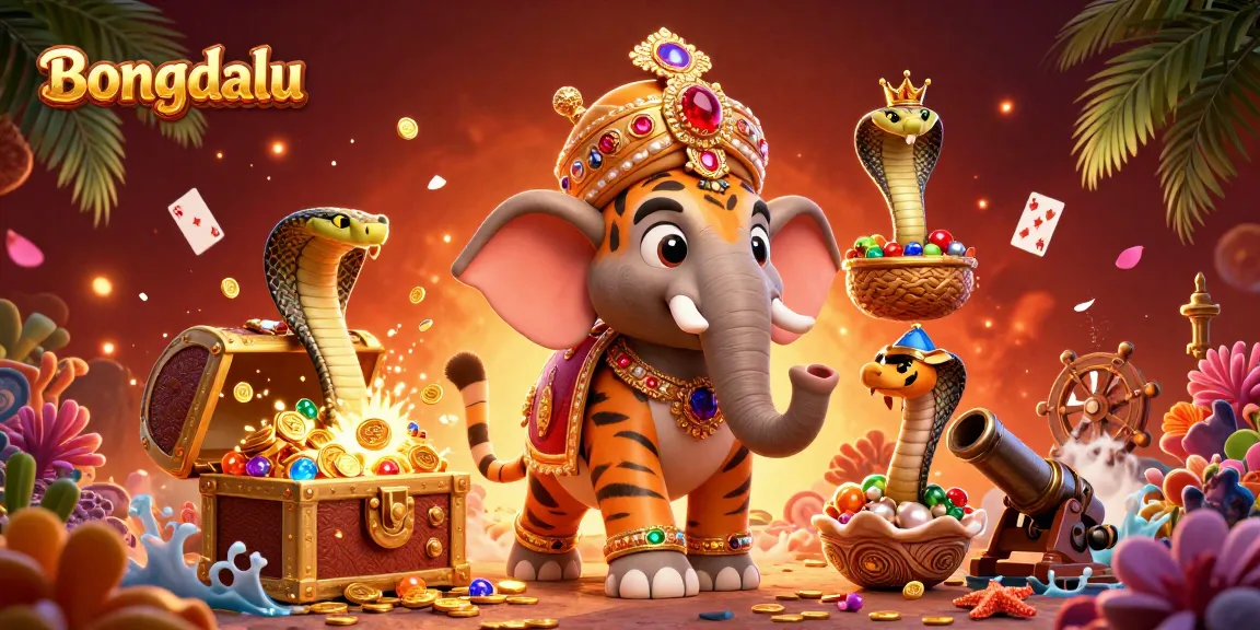 Bongdalu showcases a vibrant 3D scene with a tiger and elephant, enriched with colorful gambling elements.