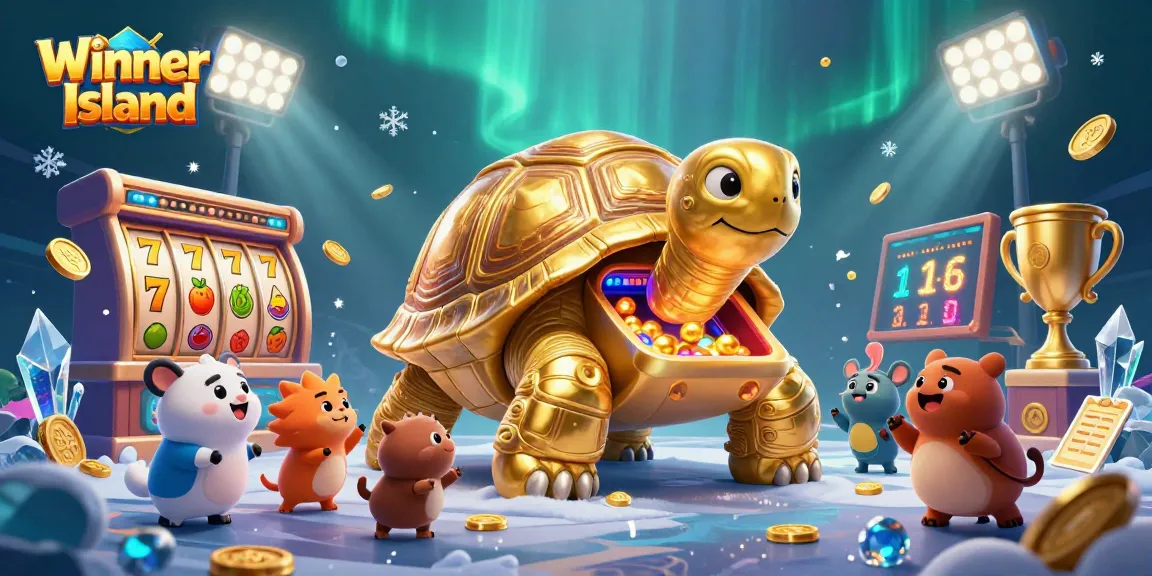 Experience thrilling gaming at Winner Island with a vibrant, dynamic casino illustration featuring exciting slots and gold coins.