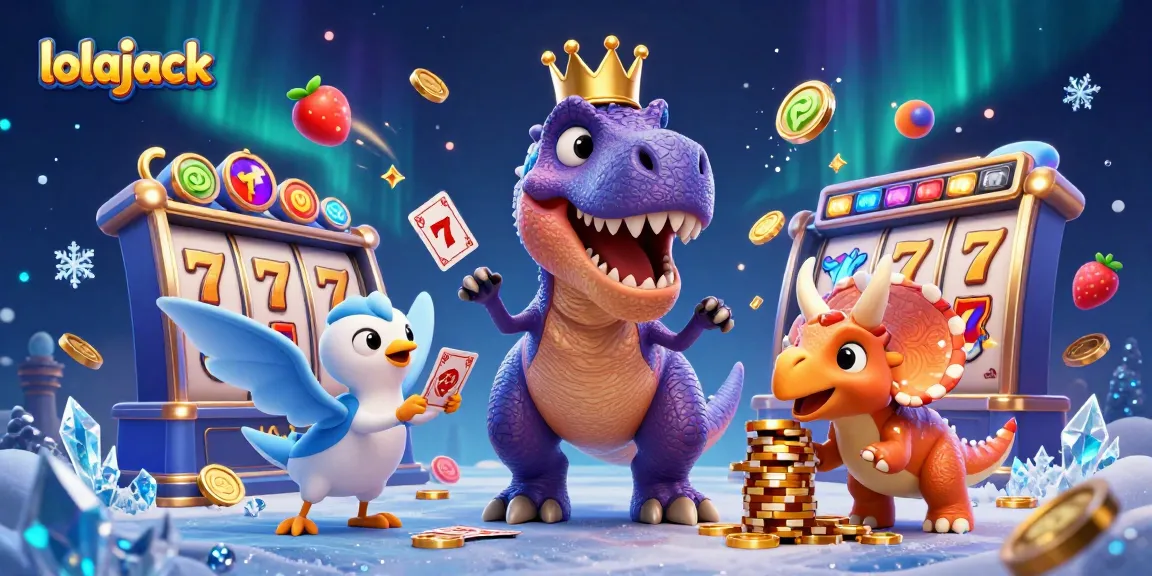 Lolajack showcases a vibrant casino scene with a cartoon T-Rex and friends amidst slot game elements.