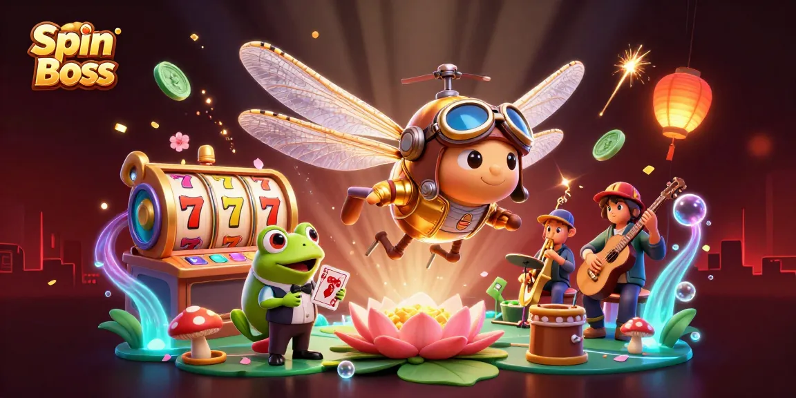 Engage with Spin Boss at a vibrant lily pad casino bursting with colorful gaming elements.