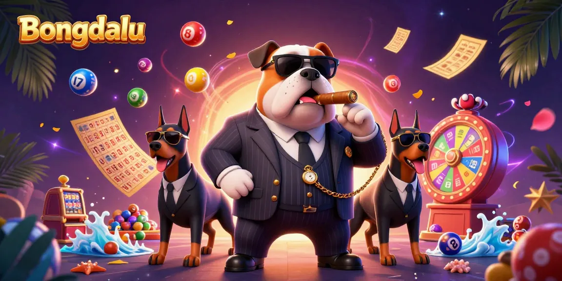 Bongdalu showcases a mafia boss bulldog and Doberman bodyguards amidst colorful lottery elements, exuding gambling excitement.