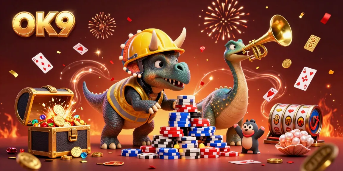 Enhance your casino experience with OK9's vibrant celebration of poker chips and joyful characters.